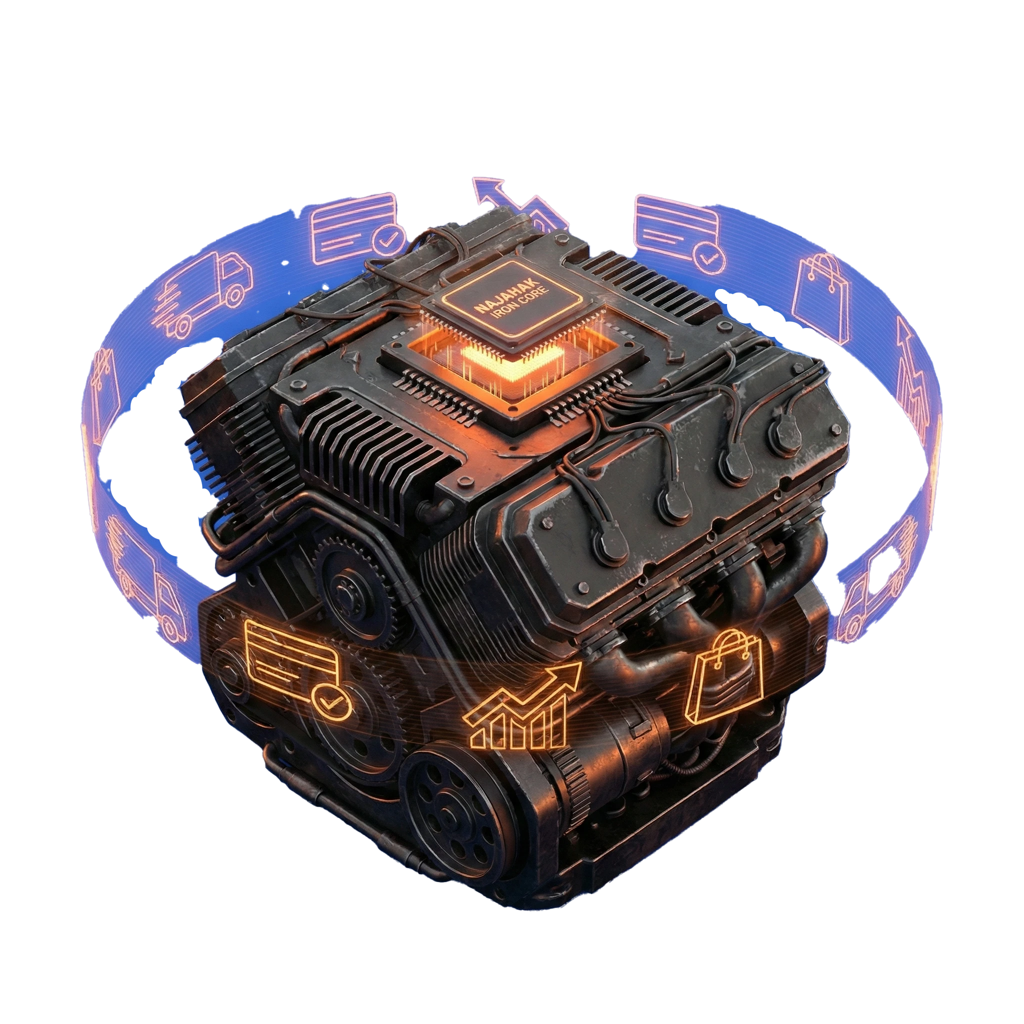 Najahak Iron Core engine undergoing performance testing, surrounded by glowing blue and orange data icons for credit cards, delivery trucks, and growth analytics.