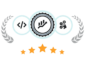 Quality control seal featuring icons for coding, growth analytics, and digital marketing, surrounded by a laurel wreath and five-star rating.