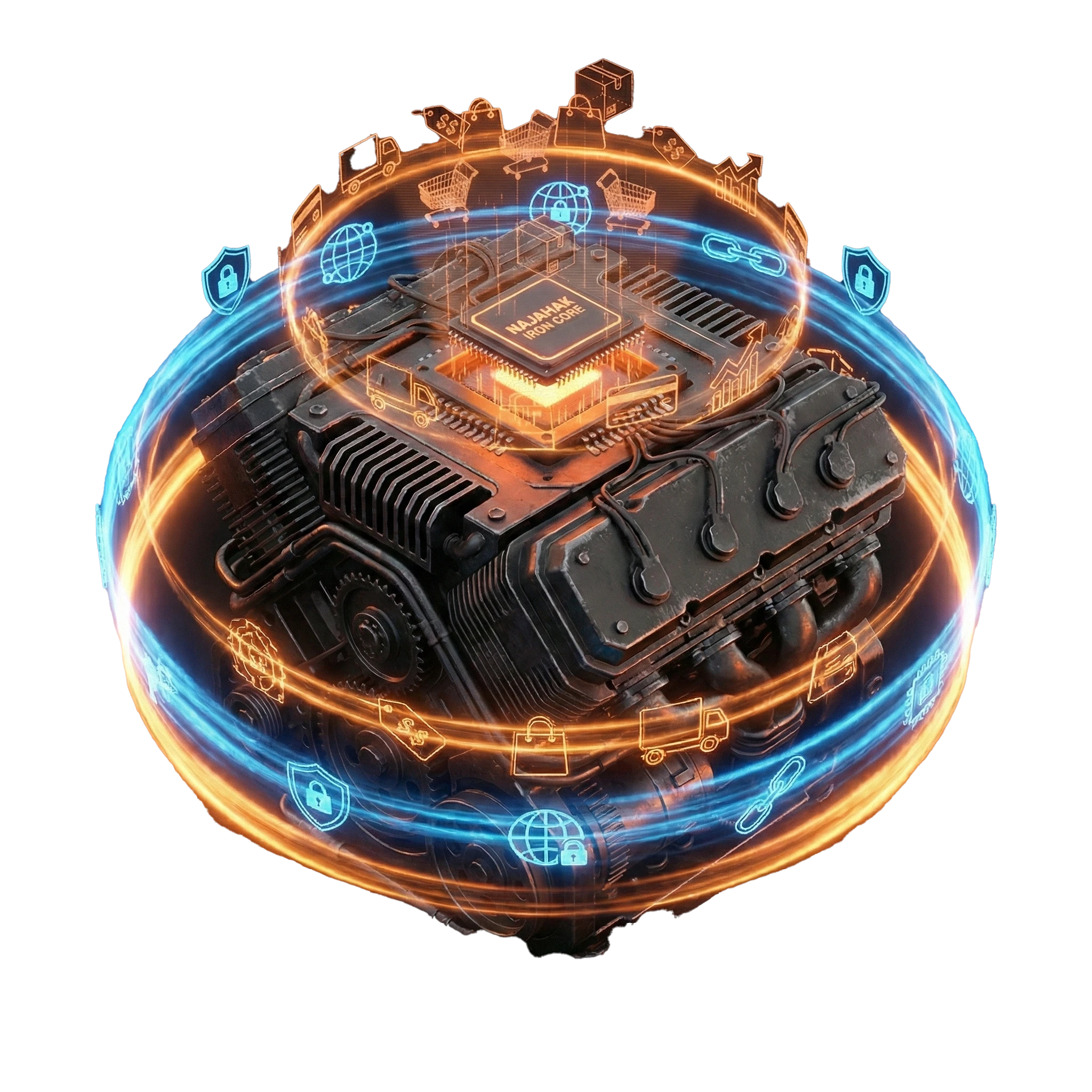 Fully optimized Najahak Iron Core system encased in a protective digital energy sphere with global security, supply chain, and e-commerce icons, symbolizing the final system handover.