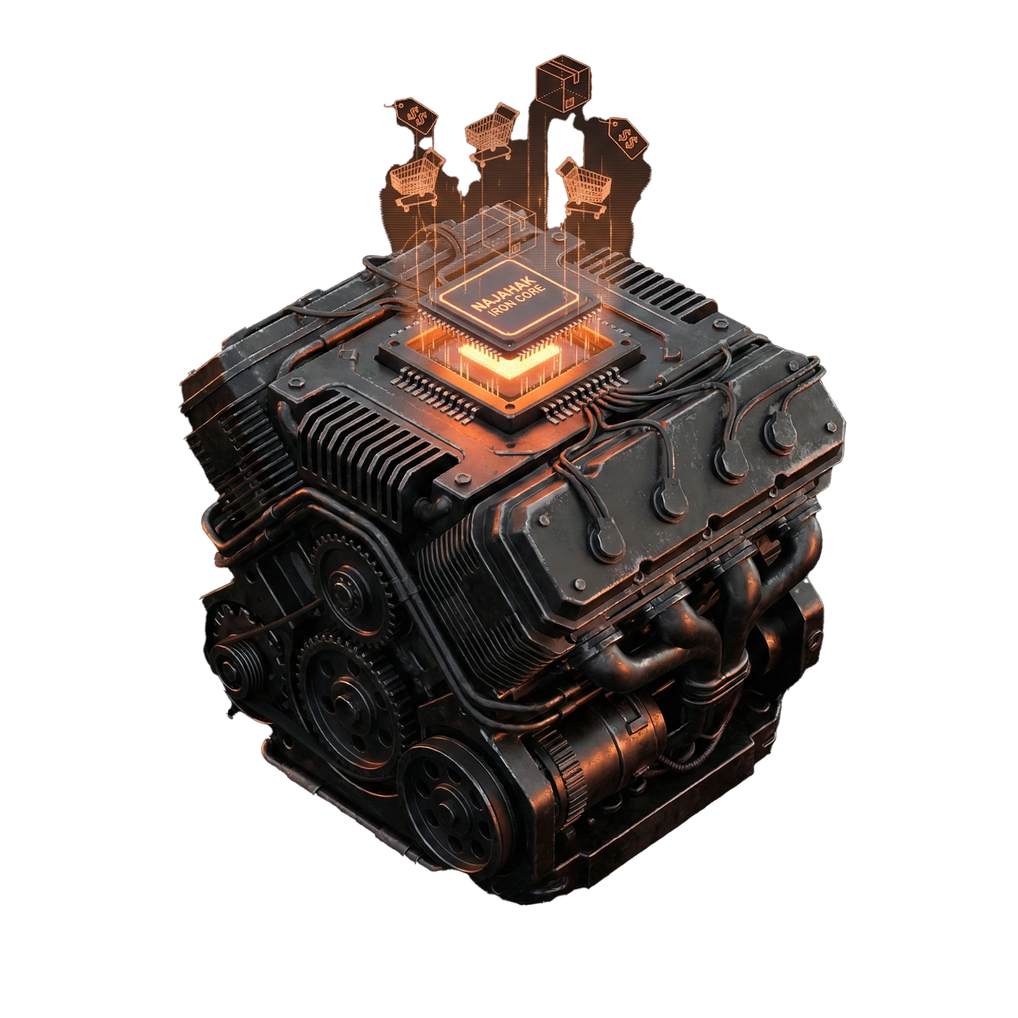 Industrial-grade engine powered by the Najahak Iron Core processor, featuring digital holograms of shopping carts and logistics parcels to represent a deep technical audit of e-commerce infrastructure.