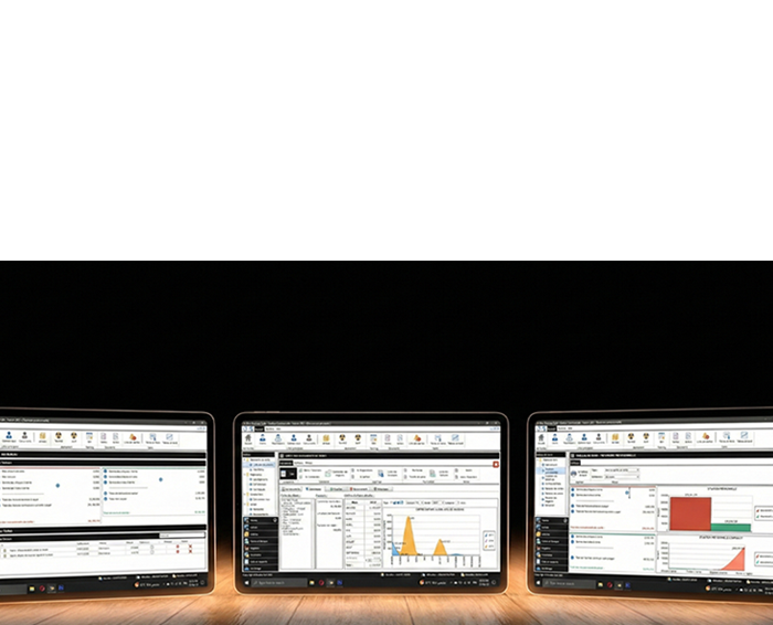 Multiple tablet screens showcasing a comprehensive Enterprise Resource Planning (ERP) software system with data dashboards and financial analytics.