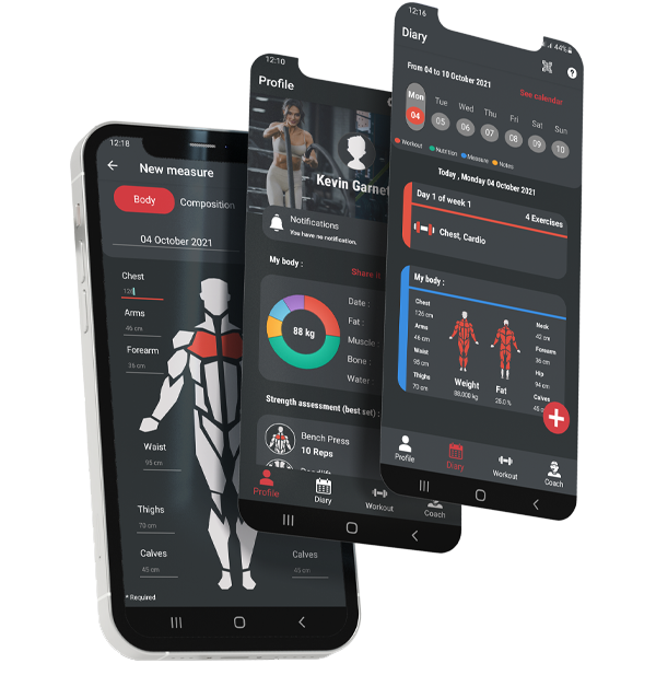 Mobile application interface for fitness and bodybuilding tracking, displaying body composition metrics, workout diaries, and strength assessments.