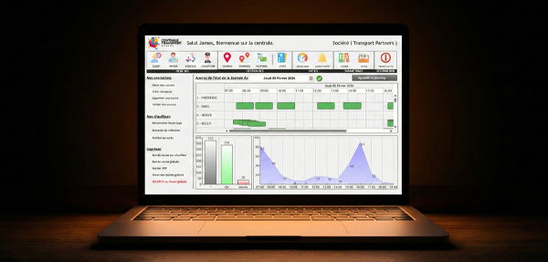SaaS platform interface for logistics and transport management displayed on a laptop, showing driver schedules and operational data graphs.